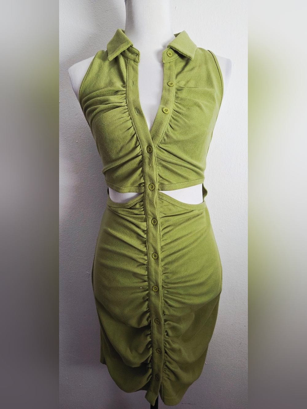 Sleeveless Olive Green Ruched Cutout Dress